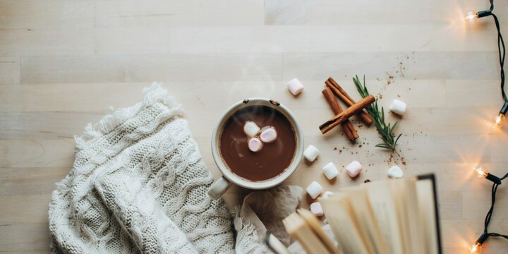 Cozy winter flat lay with hot chocolate mug, knitted sweater, and sparkling lights. Cozy Hot Chocolate with Marshmallows and Cinnamon.
