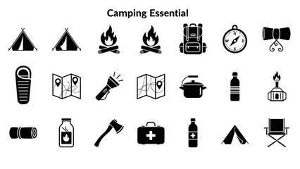 Fototapeta premium Camping Essentials Icons: Tent, Backpack, Compass, Fire, Sleeping Bag, Map, Axe