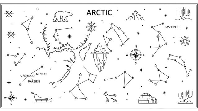Arctic Constellations Map with Animals and Igloo - Hand-drawn Vector