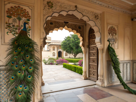 Decorative Indian entrance with peacock feathers