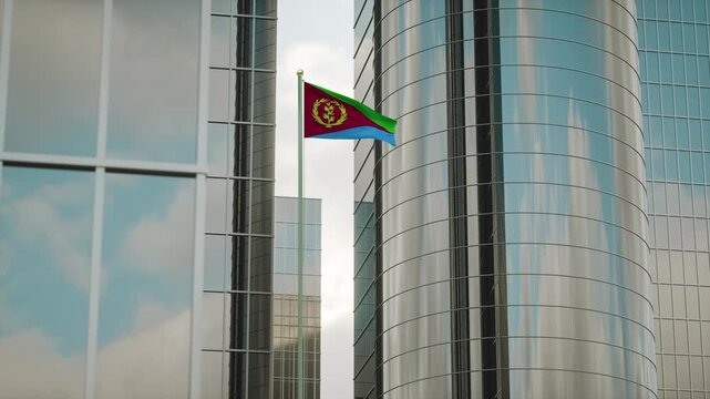 Eritrea Flag 3D Render Animation on Pole with City Buildings