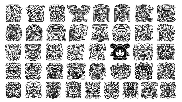 Collection of Mayan Glyphs and Symbols in Black and White