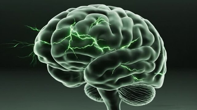 Human brain rotating with green electrical neural activity and glowing pulses on dark background