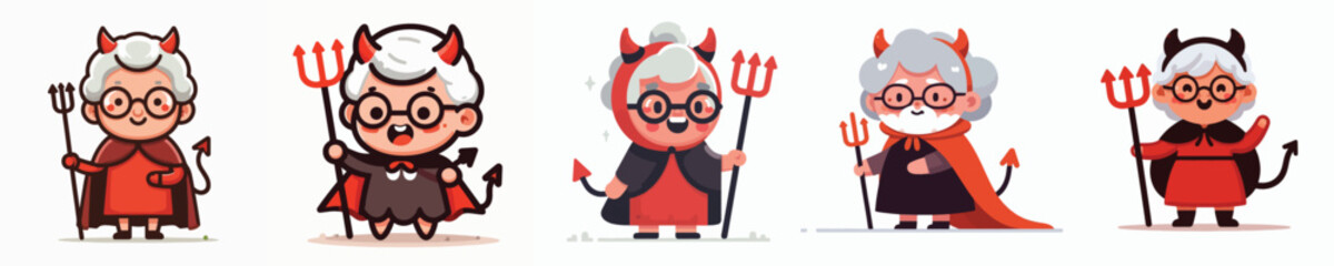Naklejka premium Set of Cute Cartoon Elderly Devil Characters with Horns and Pitchforks