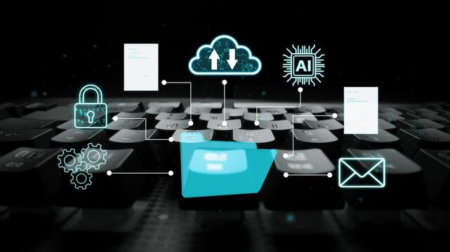 Digital technology concept with keyboard, cloud computing, artificial intelligence, and cybersecurity icons in a modern and sleek design. Entropy.
