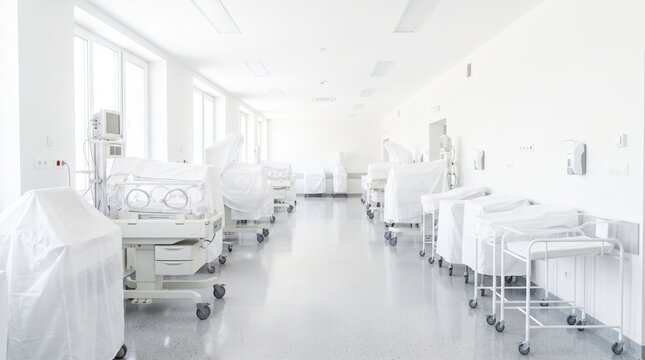 Empty neonatal intensive care unit with covered baby incubators