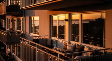 Fototapeta premium Modern Apartment Balcony With Sunset View And Comfortable Seating