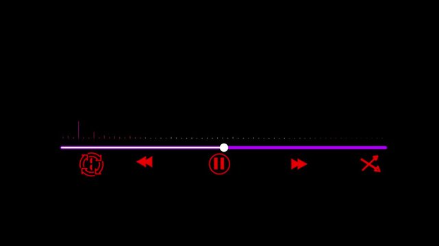 Playback interface displays a sleek progress bar with a central pause button and navigation controls set against a minimalist dark screen for intuitive user interaction during various media.