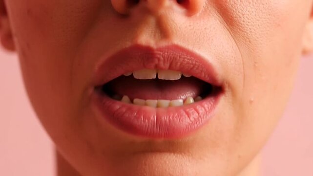 Close up of a woman speaking and moving her lips in a studio setting.