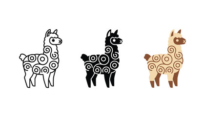 Stylized llama icons with swirl patterns in line art solid black and earthy brown colors for cute animal branding and graphic design © Sakibul Hasan