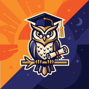 Wise owl mascot wearing graduation cap and holding a diploma scroll, symbolizing academic achievement
