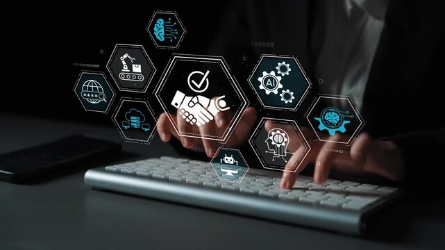 Hands Typing on Keyboard with Digital Icons Representing Technology, Business, and Innovation in a Modern Workspace. Entropy.