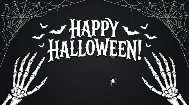 A festive Halloween graphic featuring skeleton hands reaching up towards centered white text with cobwebs and bats against a dark background