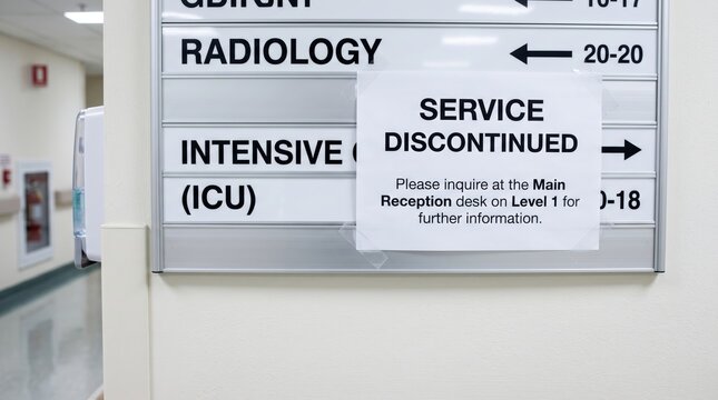 Hospital directory sign showing a service discontinued notice