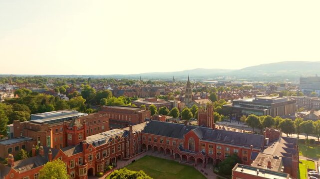 Travelling 4K 60FPS aerial GV video of Queen's University Belfast, Northern Ireland in the UK. Produced of a summer evening in with Rec709 color.