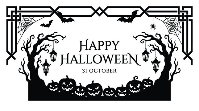 Decorative halloween vector illustration featuring spooky carved pumpkins and bats with ornate black frame border design