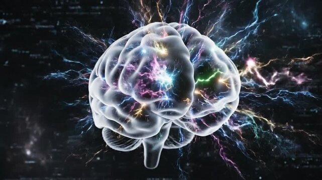 Human brain with glowing electrical impulses representing neural activity and cognitive function