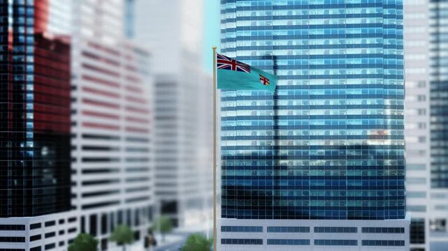 Fiji Flag 3D Render Animation Waving in Front of Modern Glass Buildings - Daytime