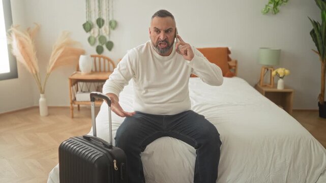 Man sitting on bed holding smartphone to ear and gesturing with hand, black suitcase at foot of bed inside a building; travel stress.