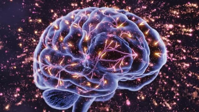Human brain with glowing neural activity representing endorphin release and mental health