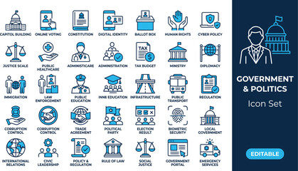 Naklejka premium Government and politics vector line icon set editable stroke