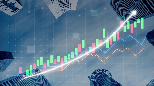 An artistic representation of a stock market chart showcases vibrant colors against a dramatic skyline, blending finance and modern architecture in a dynamic view. Copula