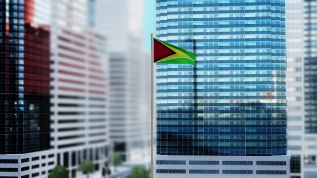 Guyana Flag 3D Render Animation Waving in Front of Modern Glass Buildings - Daytime