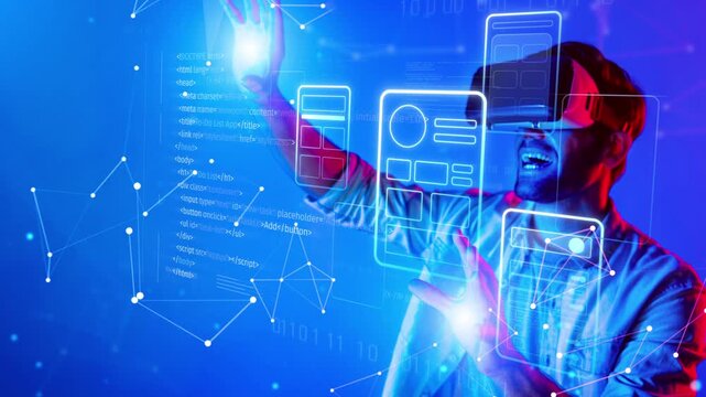 A young man engages with a holographic interface while wearing a virtual reality headset, showcasing the intersection of technology and immersive digital experiences. Raster