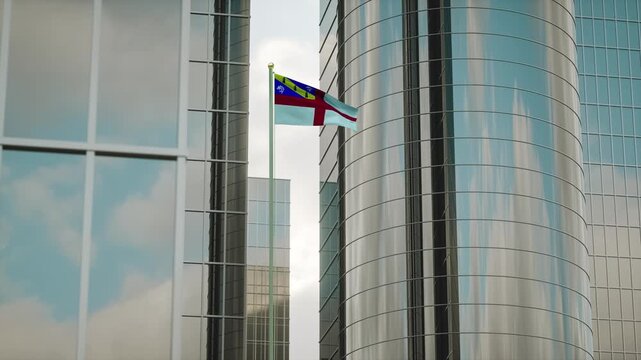 Herm Flag 3D Render Animation on Pole with City Buildings