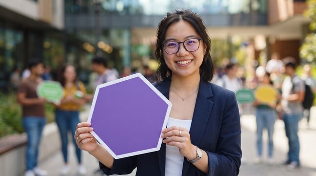 Young woman holding purple speech bubble. Student showing blank sign for copy space.