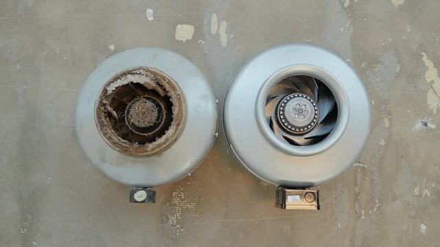 Overhead comparison, dusty exhaust fan beside clean modern replacement unit