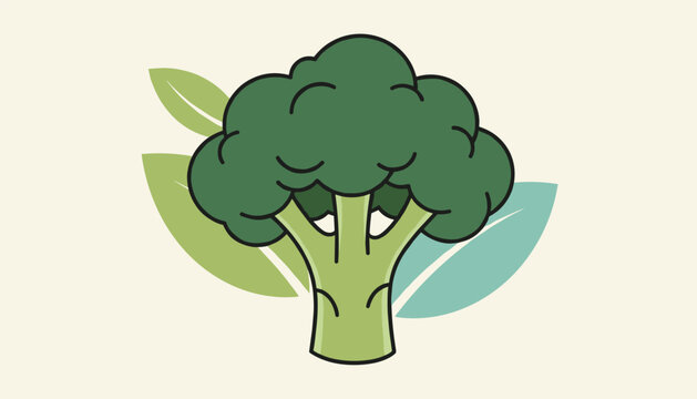 Flat vector illustration of a fresh green broccoli stalk with decorative leaves on a cream background.