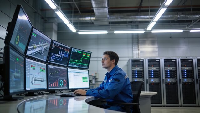 Engineer monitoring production processes using multiple computer displays in modern control center.
