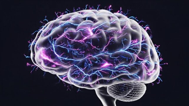 Human brain with glowing neural pathways and electrical impulses rotating on black