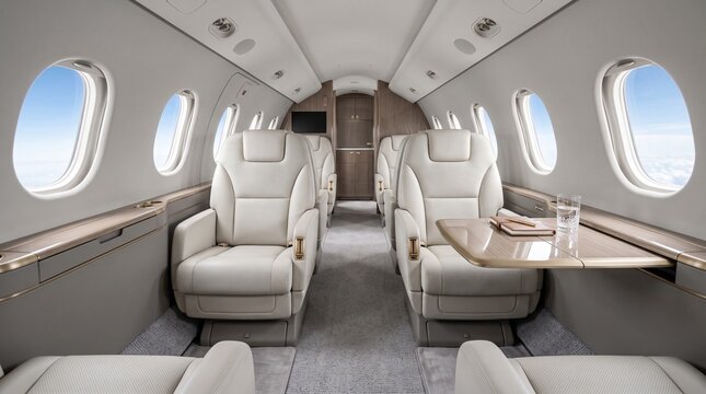Luxurious private jet cabin interior with plush leather seating and elegant wood finishes for premium corporate business travel