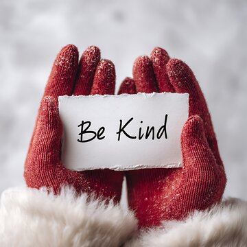 Hands holding a sign that says Be Kind in winter.
