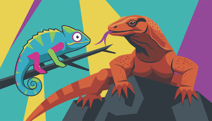 Naklejka premium Artistic geometric illustration of a colorful chameleon on a branch and a large orange Komodo dragon.