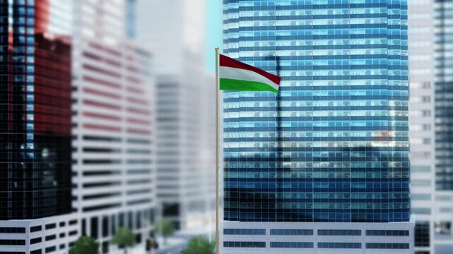Hungary Flag 3D Render Animation Waving in Front of Modern Glass Buildings - Daytime