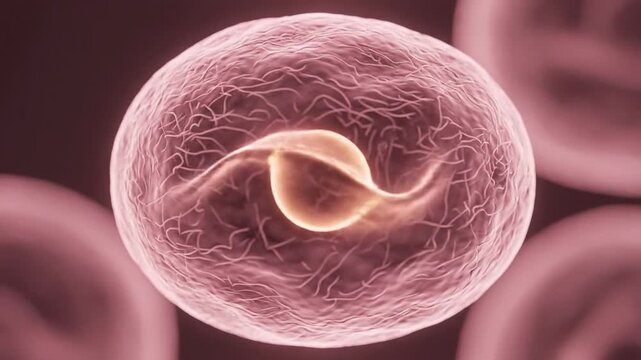 Human egg cell pulsating gently with soft pink lighting for reproductive health visualization