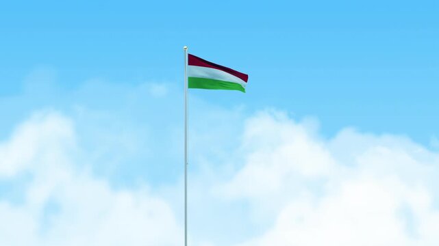 Hungary Flag 3D Render Animation Waving on Pole with Blue Sky