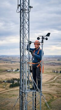 Technician in safety gear inspecting an anemometer on a meteorological mast