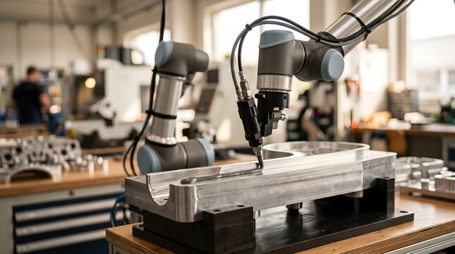 Collaborative robot dispensing adhesive on a metal component in a factory.