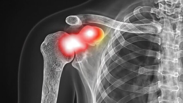 Human shoulder joint rotation with heatmap visualization of stress points on the rotator cuff area