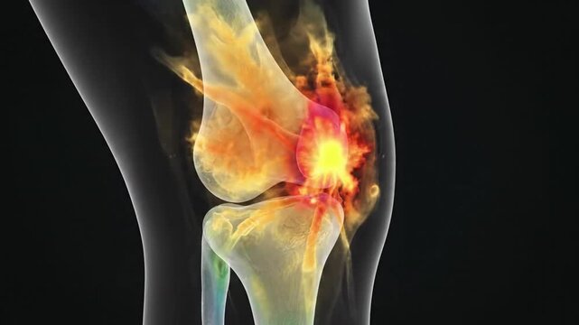Human knee joint medical visualization showing leg bending with heatmap colors indicating stress