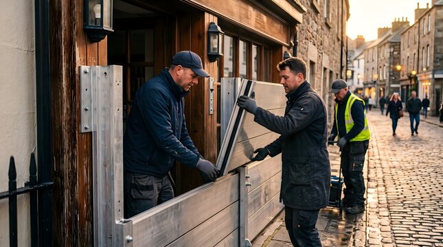 Workers installing modular flood barriers on a shop entrance for protection.