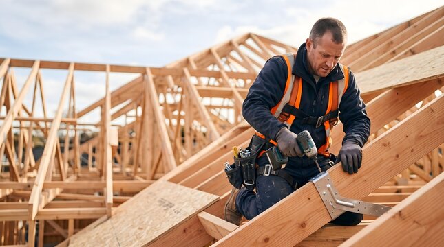 Carpenter installing metal hurricane strap on wooden roof truss for storm prep