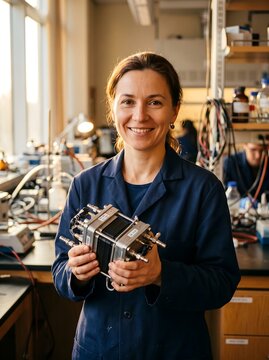 Smiling female engineer holding a hydrogen fuel cell stack in a research lab.