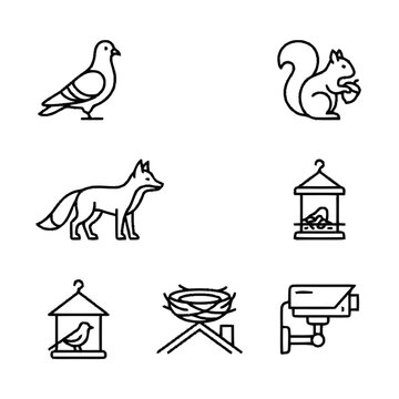 Linear vector icon set featuring wild animals, birdhouses, a nest, and a security camera for EDITORIAL USE ONLY