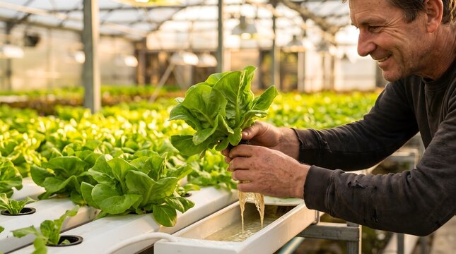 Happy farmer harvesting fresh green hydroponic lettuce in a modern greenhouse.