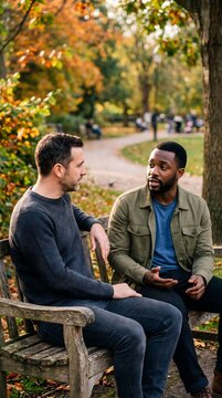 Two male friends having a supportive conversation on a park bench in autumn.